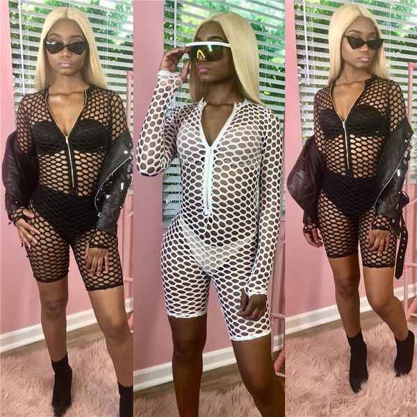 

slim jumpsuits woman hollow out zipper fly stand collar long sleeve rompers woman elastic night club clothes womens fishnet, Black;white
