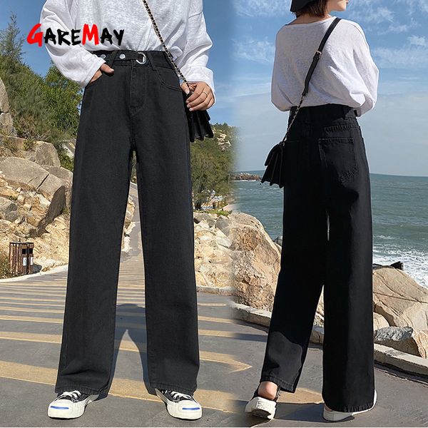 

women's jeans garemay 2021 black high waist straight denim pants women spring casual loose wide leg trousers girls, Blue