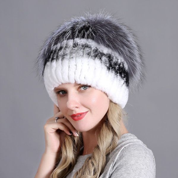 

women faux fur hat russian female knit fur headgear good elastic warm cap fashion patchwork warmer beanies, Blue;gray