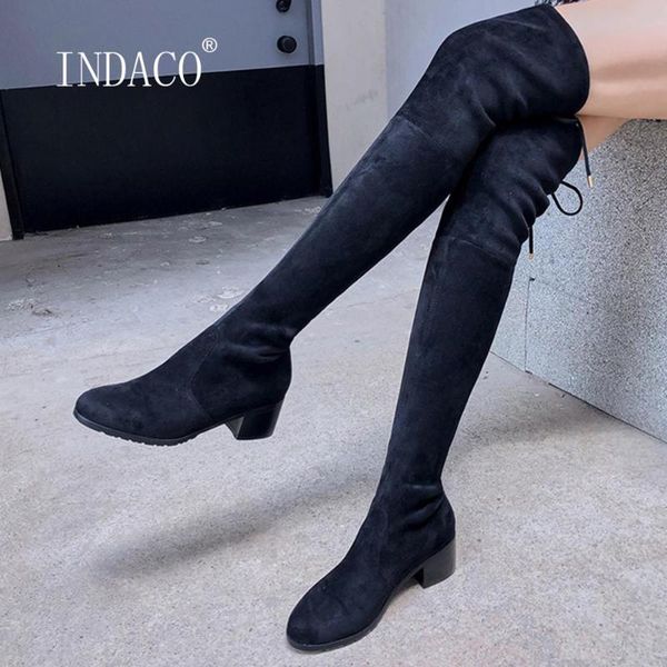 

plus size 42 black flock over the knee boots warm women winter boots short plush thick heel thigh high slip on black