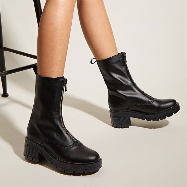 

2020 new women boots british front zipper ladies mid-calf booties jelly bottom knight female boots thick heels woman shoes, Black