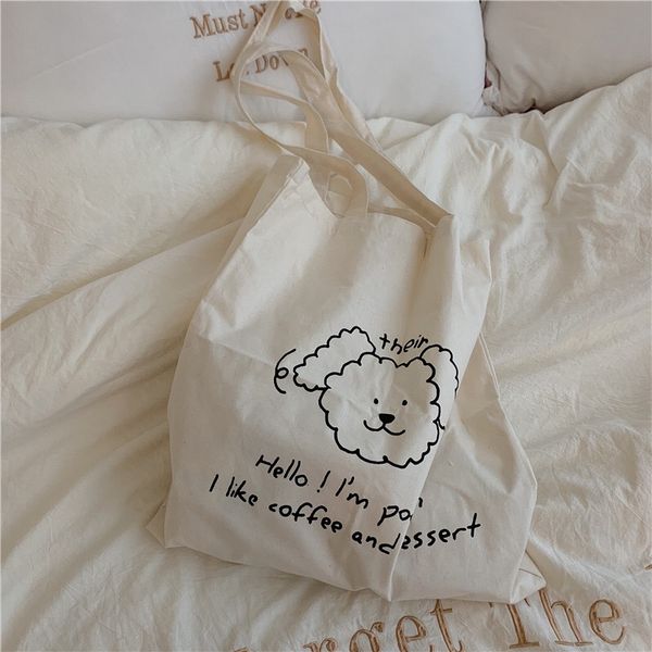 

cartoon cute dog ins fashion canvas bags cloth shoulder bags single casual totes women handbags white large ladies 2020 summer