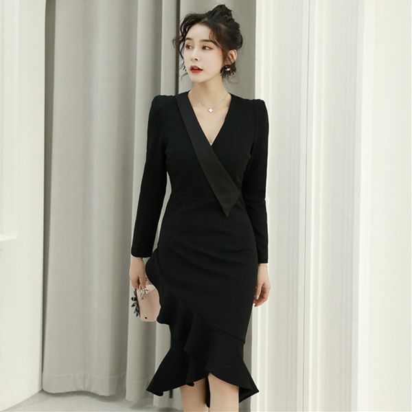 

2020 autumn office women black elegant bandage dress bodycon mermaid dress v-neck long sleeves slim party vestidos, Black;gray