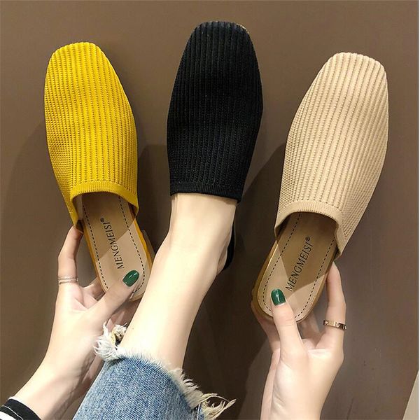 

women's autumn 2020 new thick-heeled mueller sandals and slippers fashion pointed knit elastic retro baotou half slippers, Black