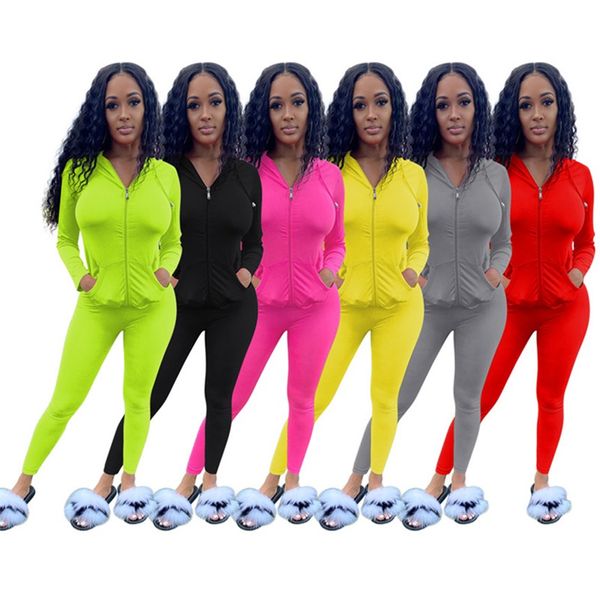 

women casual sweatsuit jacket 2 piece set long sleeve coat+leggings solid color sportswear fall winter clothing sports jogger suit 3650, White