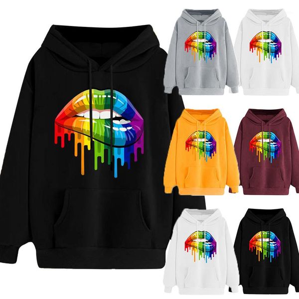 

woman fashion casual loose clothes women colourful sweet mouth hoodies woman autumn winter hooded neck pocket sweatshirts, Black