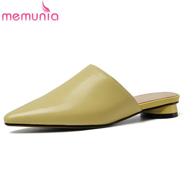 

memunia 2020 new arrive women slipper genuine leather shoes pointed toe spring summer low heel slipper woman, Black
