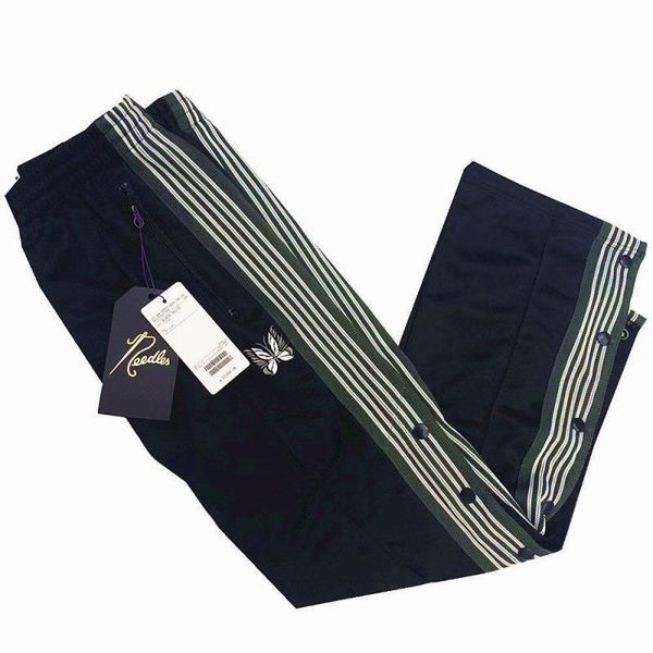 

men women casual awge needles sweatpants drawstring joggers butterfly embroidery button striped needles awge pants trousers, Black
