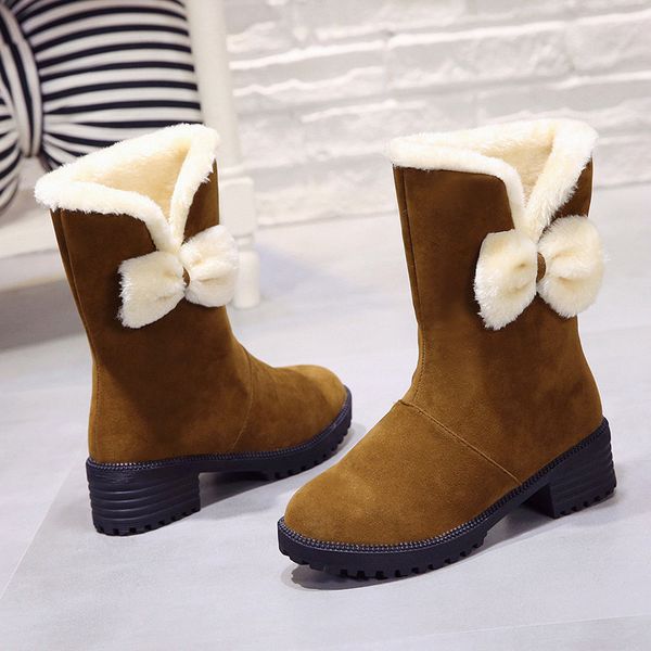 

bow knot mid calf flock warm plush snow boots 2020 new fashion winter boots slip on women square low heels shoes woman, Black