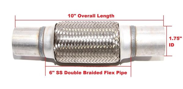 

1.75"-2.25"idx10"oal piping connector 1.8"extensions w/6" double braided ss flex pipe with 2*stainless steel