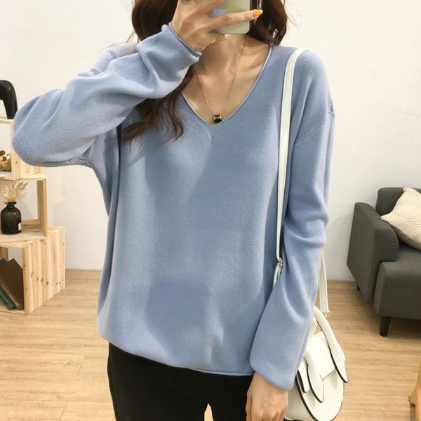 

solid knitted sweater women v-neck long sleeve loose pullovers korean autumn jumpers crimping oversize knitwear casual 2020 x387, White;black