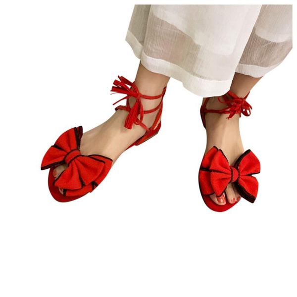 

sagace summer new ladies sandals roman style bow tie strap flat sandals with tassels low heel comfort 2020, Black