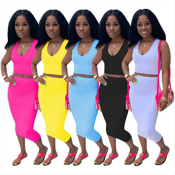 

summer casual style ropa de mujer women two piece outfits sleeveless v neck vest short solid color mid calf length skirt, Gray
