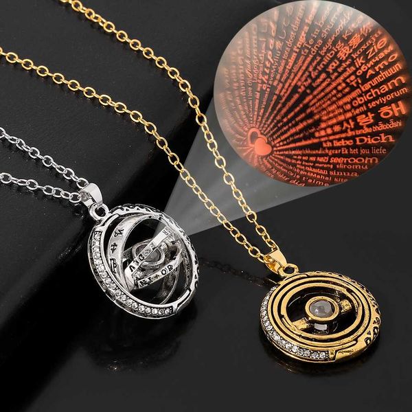 

openable rotatable astronomical ball projection necklace 100 language i love you pendant necklace for women men choker jewelry, Golden;silver