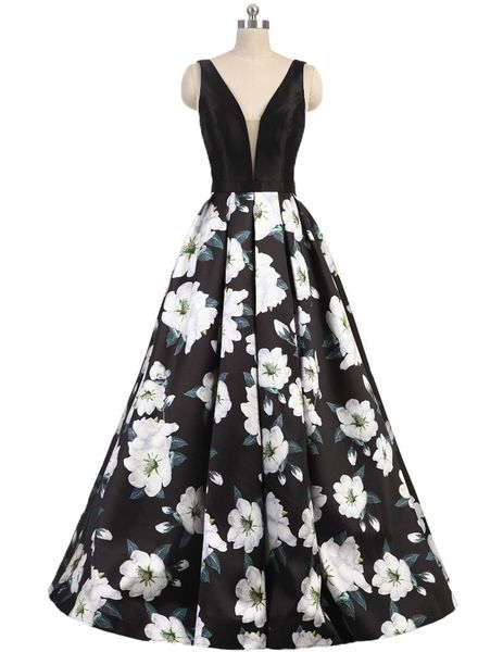

2020 sexy printed цветок пром платья вечерние платья v шеи без рукавов backless линия бальное платье длинные формальное вечернее платье, Black