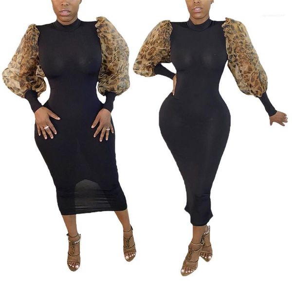 

женская одежда осени женщины конструктор вскользь леопард puff sleeve crew neck bodycon платье мода ol стиль, Black;gray
