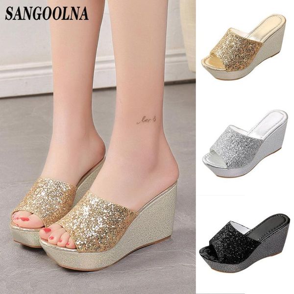 

slippers women wedges high heel flip flop shoes fashion bling round toe ladies sandals plus size 2021 women's, Black