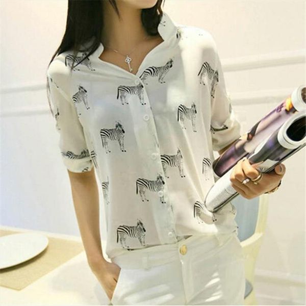 

women letter zebra print blouse chiffon shirt blusas fashion girls short sleeve button down, White