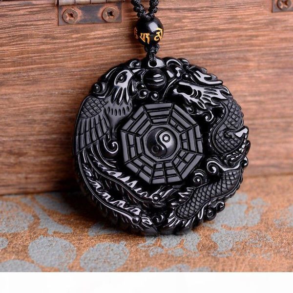 

перевозка груза падения черный обсидиан carving дракон и феникс ожерелье obsidian лаки подвески, Silver