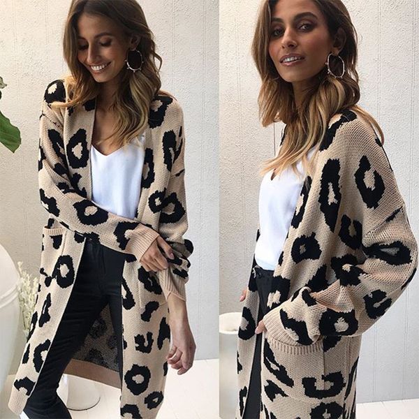 

autumn new women sweaters leopard knitted long cardigan long sleeve sweater overcoat lady outwear coats fashion, White;black