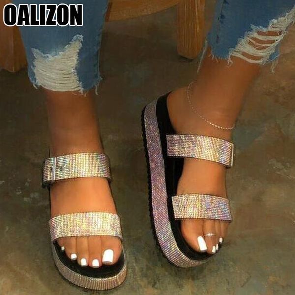 

sale women female fashion rhinestone casual open toe slides sandals thick sole platform mules flat sequin slippers shoes r59, Black