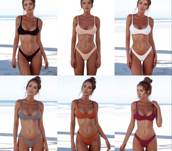 

new solid thong brazilian bikini 2 piece set swimwear women plus size swimsuit halter bikini set simple bathing suit rf0785, White;black