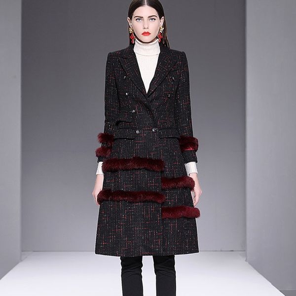 

women's wool & blends fashion designers runway autumn winter jackets and coats women 2021 full sleeve fur patchwork vintage long blend, Black