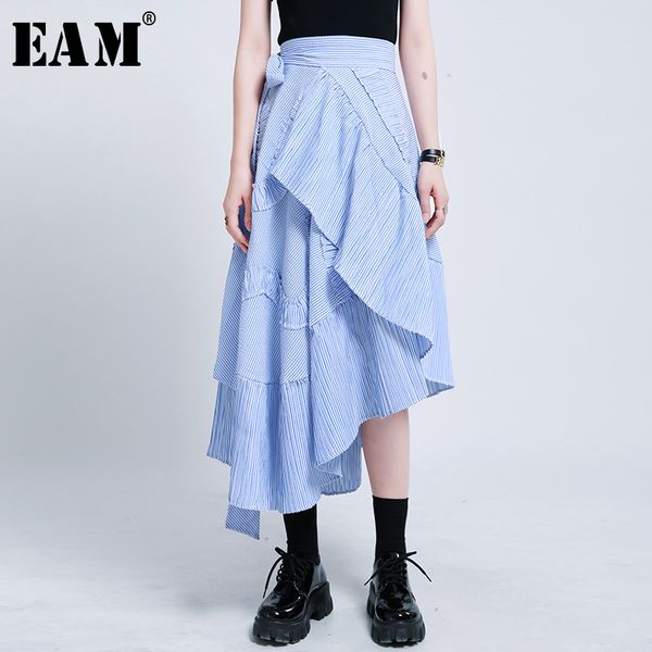 

eam] high waist blue striped ruffles stitch bandage irregular half-body skirt women fashion tide new spring summer 2020 1u837, Black