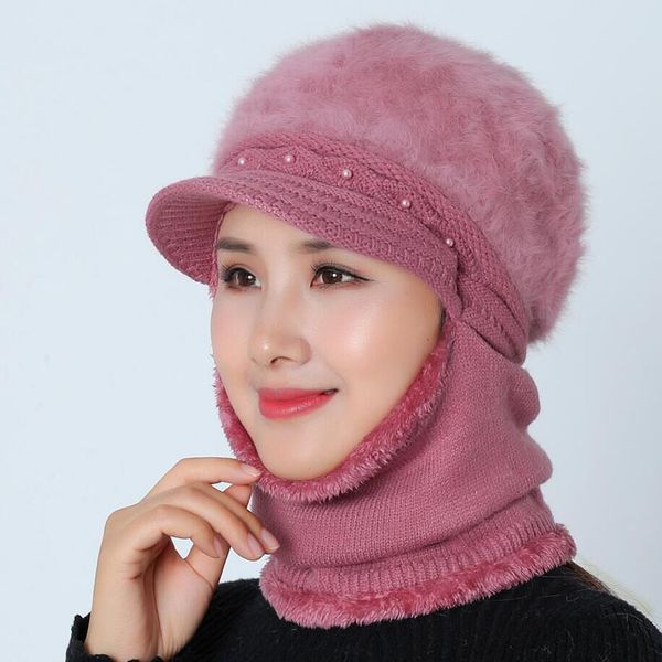 

fur hat scarf set mom's warm thick winter hat solid color beanie pearls beanie, Blue;gray