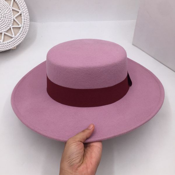

net red woolen hat panama same style flat pure color french mini-style wide eaves pink hat fashionable ins party fedoras, Blue;gray