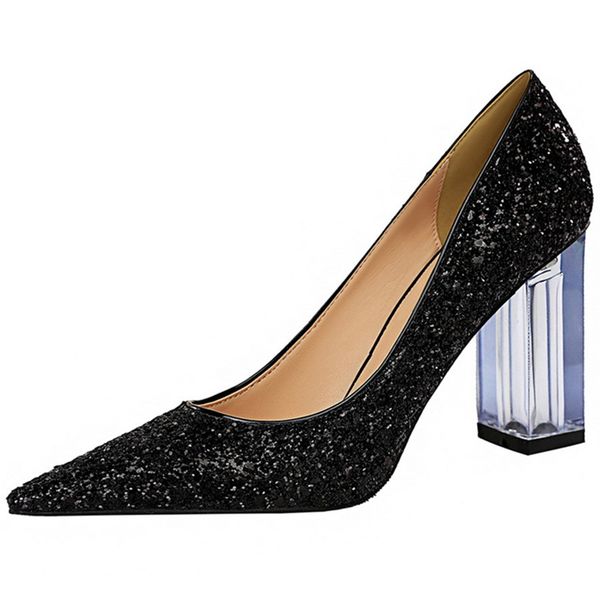 

women shoes pumps golden bridal transparent square high heels sequin high heels plus large size 34-43, Black
