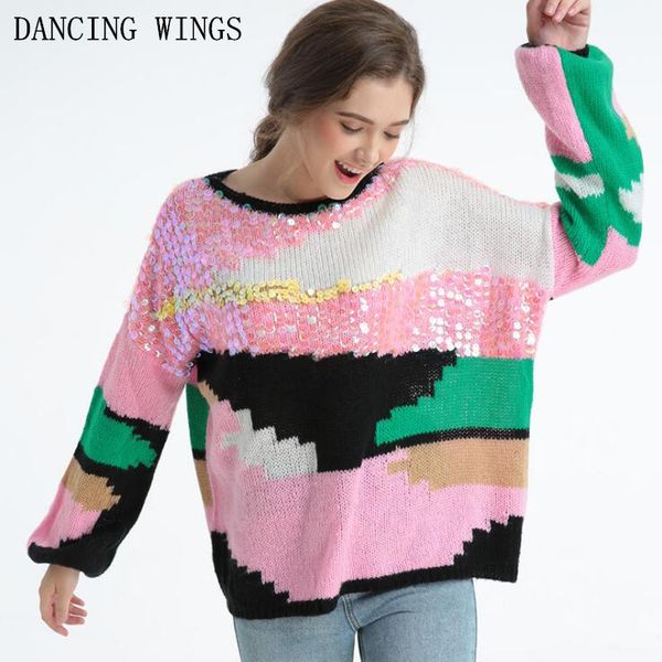 

autumn winter colorful sequin women sweaters and pullovers casual round neck hit color knitted sweater pink jumper, White;black