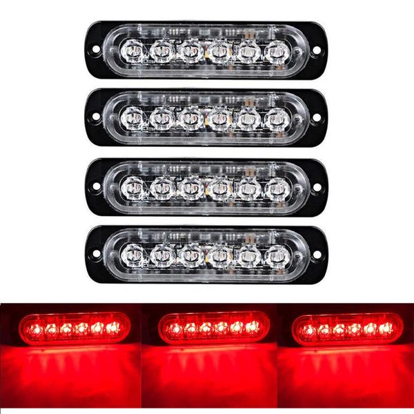 Car Red Strobe Light 6 LED Strobe Signal Warning Light Bar Allarme di sicurezza Flash Lampeggiante Lampadina Montaggio superficiale Lighthead Lamp 12V-24V