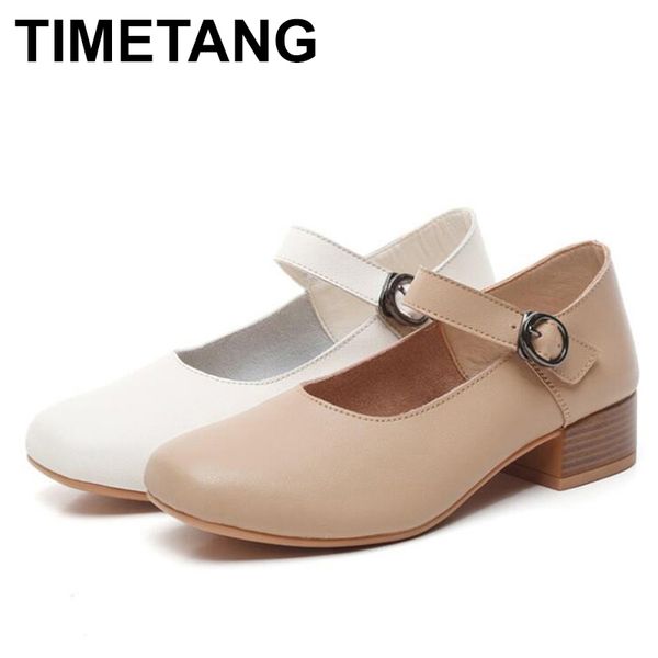 

timetang new fashion mary jane shoes ladies square head mid-heel shallow mouth shoes genuine leather lady zapatos de mujer, Black