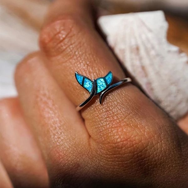 

isang new fashion 925 sterling silver ring creative ocean blue dophin tail adjustable size ring animal jewelry
