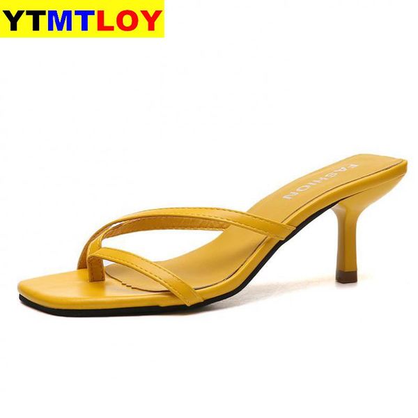 

sandals women sandalsprint strappy heels slippers high flip flops square toe slides party shoes woman yellow black