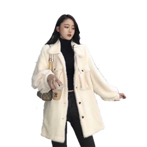 

women winter jacket korean of high-quality fashion solid color plush thick loose loose long single-breasted cardigan y015, Black