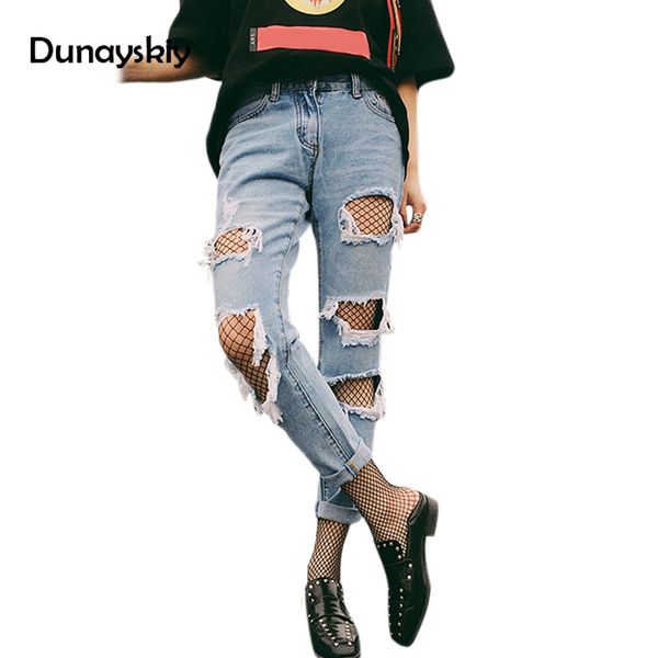 

2020 spring big holes jeans for women loose straight pants light blue vintage ripped washed rough selvedge women denim trousers
