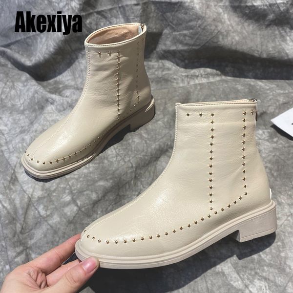 

british style ankle boots women leather zipper flats shoes rivets round toe women footwear size 35-40 u965, Black