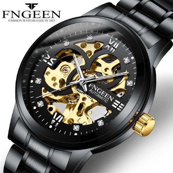 

watch men automatic mechanical wristwatches fashion black stainless steel skeleton casual business clock male, Slivery;brown
