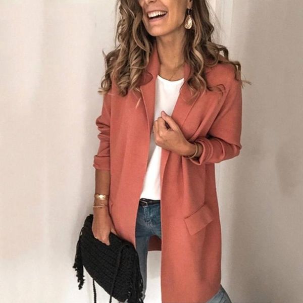 

office lady autumn solid color lapel collar pockets decor blazer jacket, Black
