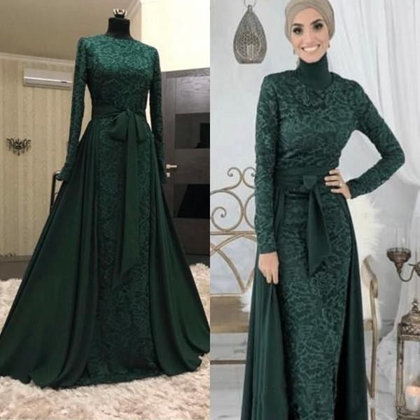 

arabic dark green full lace muslim evening dresses with detachable train high neck long sleeve formal dress evening gowns wear robes, Black;red