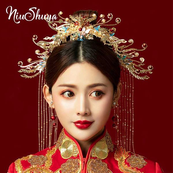 

niushuya luxury retro chinese bridal wedding gold hairpins peacock phoenix headdress bride jewelry hair accessories, Golden;silver