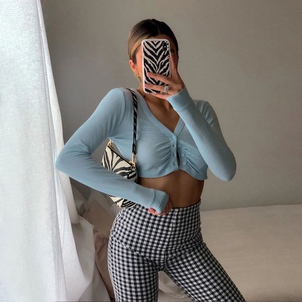 

new autumn women's blue knit cardigan long sleeve v neck solid color slim fit button holiday casual crop short t shirts, White