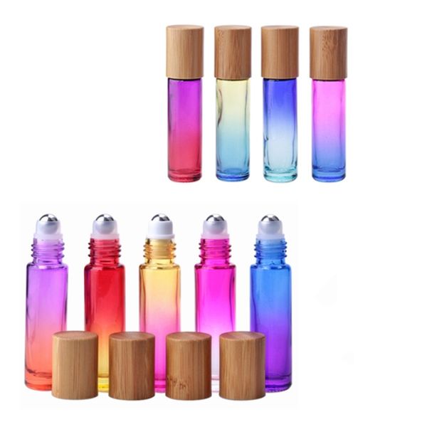 

100pcs/lot 10ml gradient roller bottles glass roll on perfume bottle with wood grain cover oil bottle