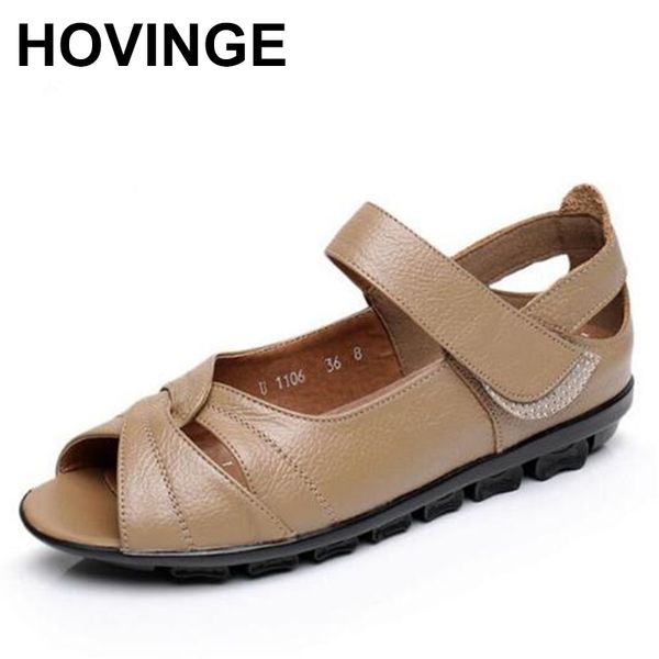 

hovinge 2020selling new soft comfortable summer genuine leather shoes flat sandals casual shoes middle aged women big size, Black