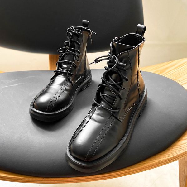 

deat 2020 new spring autumn fashion casual black thick heel lace-up leather single shoes women short boots sf428