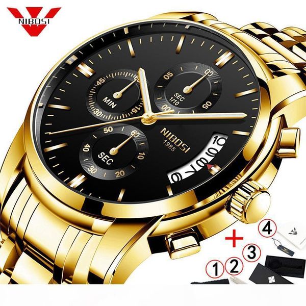 

nibosi мужские часы 2019 chronograph gold мужские часы лучшие кварц золотые мужские наручные relogio 2019 мужчина для, Slivery;brown