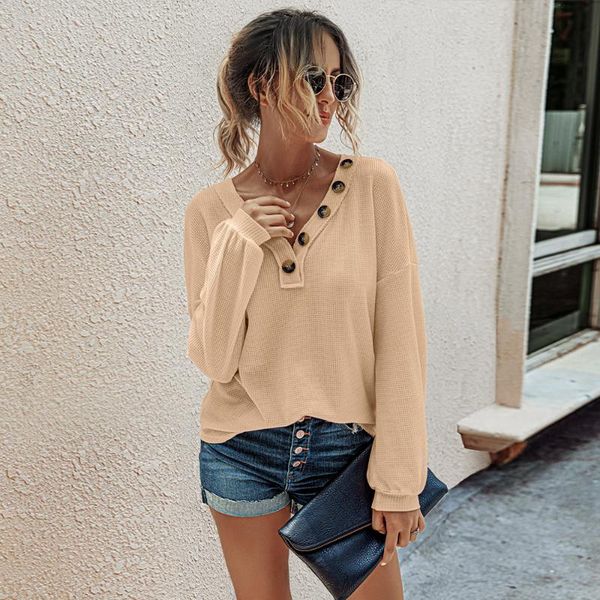 

2020 ladies shirts solid color women summer long flare sleeve v neck button knitted blouse spring clothes clothing d30, White