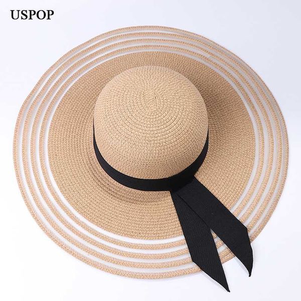 

uspop women sun hats wide brim straw hats beach sun shade female summer hat striped mesh yarn patchwork beach, Blue;gray